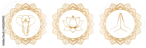 Golden elephant head, lotus flower and hands in mudra Namaste in an round ornate frames in outline style. Vector illustration isolated on a white background