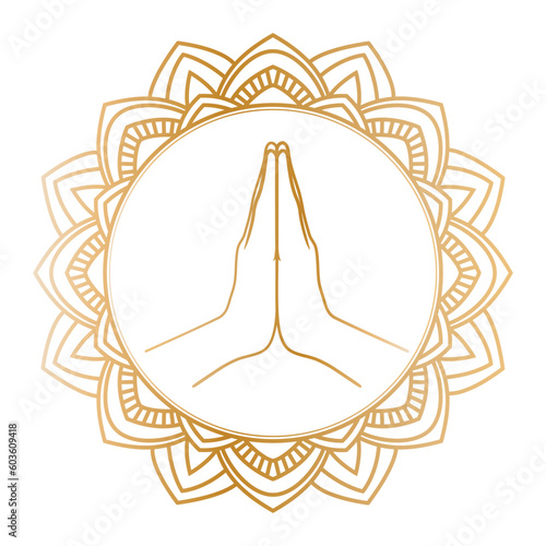 Golden Mudra Namaste in an ornate round frame. Hands in a praying gesture. Vector illustration