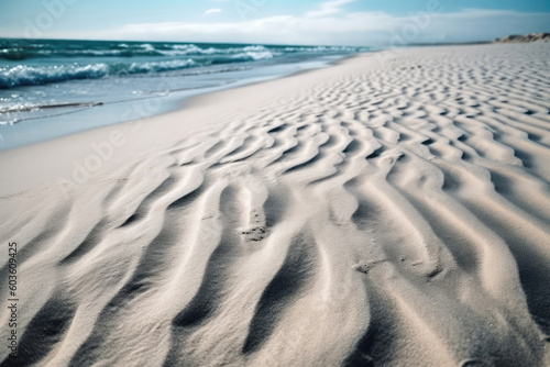 Close Up Of Wavy White Sand Beach. Generative AI