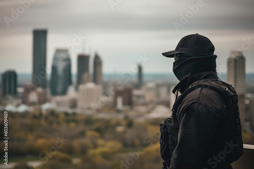 Guard In Black Stands With His Back To An Outoffocus City Skyline. Generative AI © Anastasiia