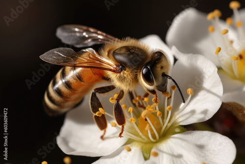 Closeup Of Worker Bee Collecting Pollen From Blossom. Generative AI © Anastasiia