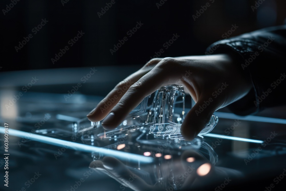 a hand interacting with an AI-powered device, revealing a conceptually advanced interface on the screen. a hand interacting with an AI-powered device, revealing a conceptually advanced interface on the screen.