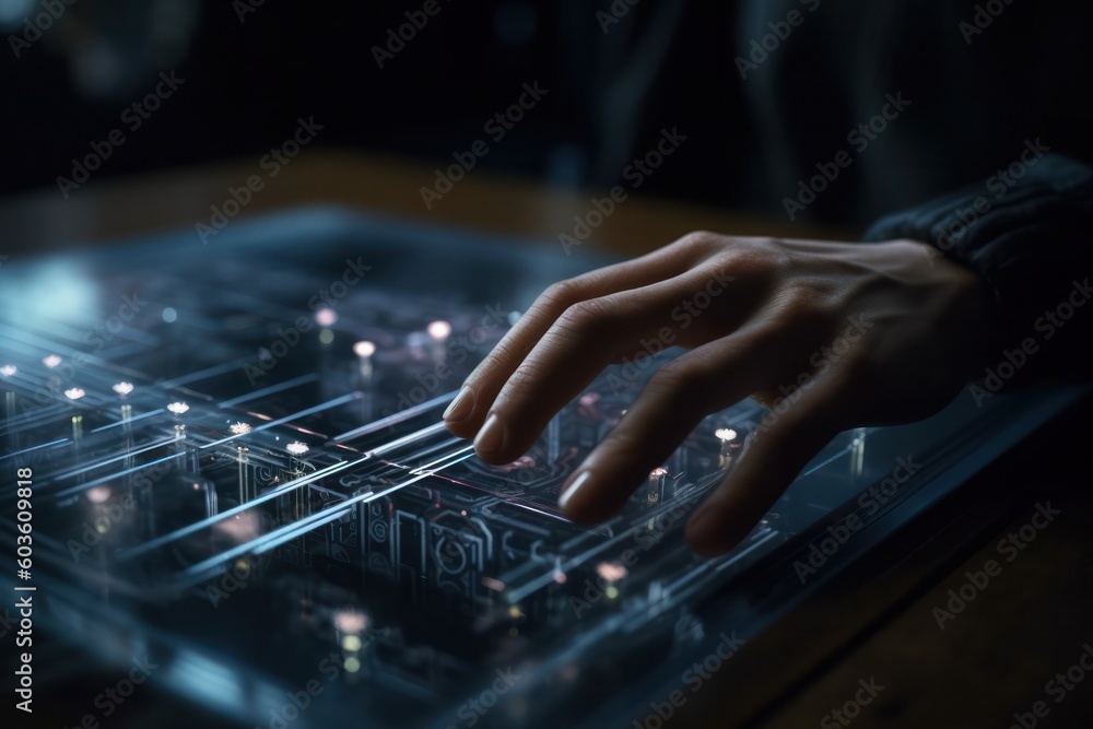 hand manipulating an AI-infused device, presenting a cutting-edge interface concept on its screen. hand manipulating an AI-infused device, presenting a cutting-edge interface concept on its screen.