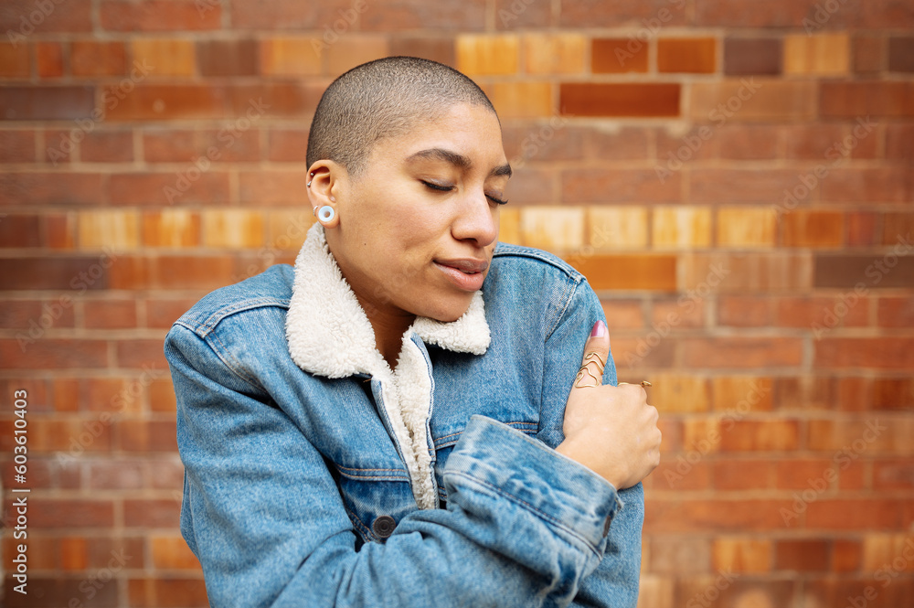 Hipster young woman wearing denim jacket Hipster young woman wearing denim jacket