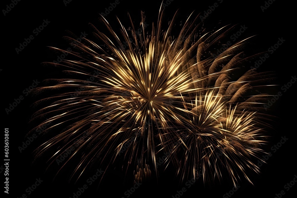 Golden Fireworks on Black Background Isolated. Celebration and Light. Generative AI illustrations. Golden Fireworks on Black Background Isolated. Celebration and Light. Generative AI illustrations.