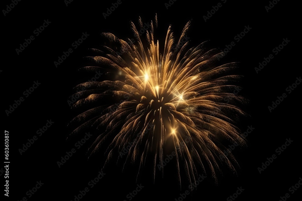 Golden Fireworks on Black Background Isolated. Celebration and Light. Generative AI illustrations. Golden Fireworks on Black Background Isolated. Celebration and Light. Generative AI illustrations.