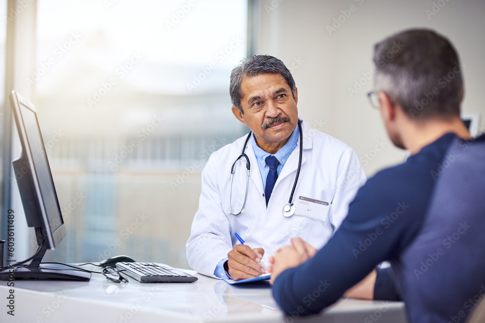 Medical, discussion and doctor in a consultation with a patient analyzing diagnosis in the clinic. Professional, conversation and mature male healthcare worker talking to man in the medicare hospital Medical, discussion and doctor in a consultation with a patient analyzing diagnosis in the clinic. Professional, conversation and mature male healthcare worker talking to man in the medicare hospital