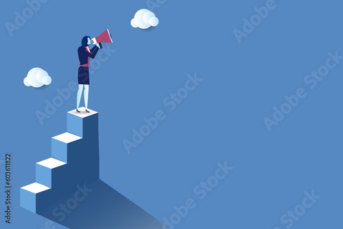 women's rights equal pay feminism gender gap and inequality in business  concept businesswoman with megaphone on the steps.vector illustration.