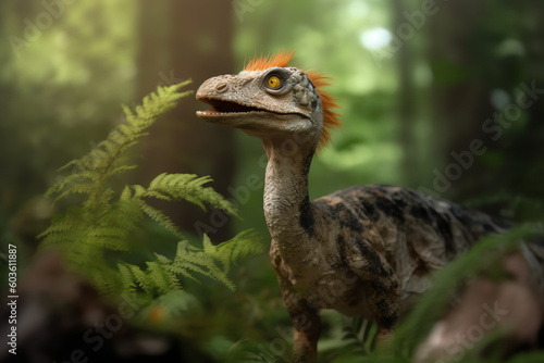 An oviraptor therapod feathered dinosaur in the Mongolian Gobi Desert, generative ai © Sarah