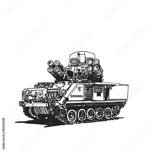 Multiple launch rocket system. Military vehicle. Hand drawing.