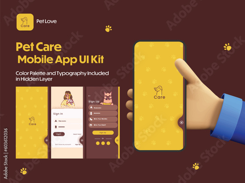 Pet Care App UI Kit Including Sign In, Sign Up Screens for Mobile Application or Responsive Website.
