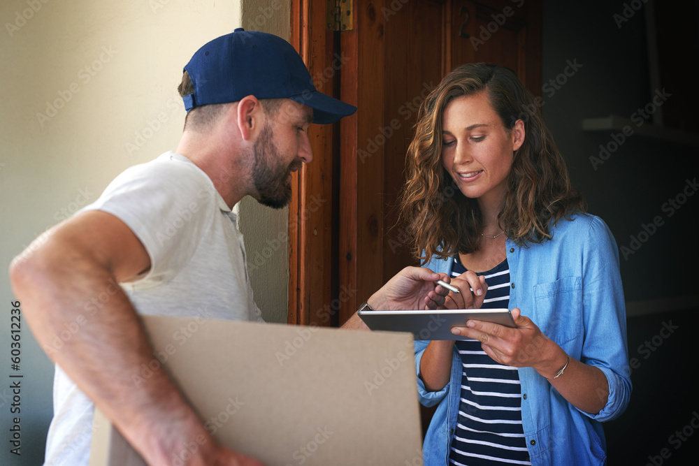 © N Hiraman/peopleimages.com - Woman, delivery man and box with tablet to sign for order, parcel or cargo package in transport service. Female person receiving shipment from male courier, supply chain or ecommerce purchase at home