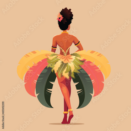 Rear View of Feather Headdress Wearing Brazilian Female Character In Standing Pose on Peach Background. Carnival Or Samba Dance Concept.
