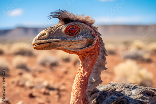 An oviraptor therapod feathered dinosaur in the Mongolian Gobi Desert, generative ai photo