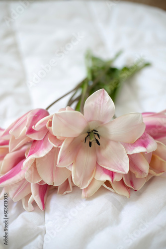 Bouquet of fresh pink tulips in the interior