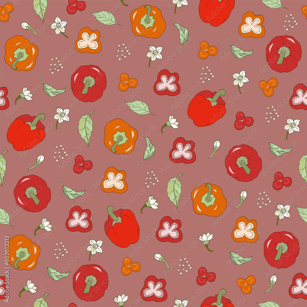 Seamless pattern with red and orang peppers. Handmade vector illustration can be used for templates, wallpaper, textile. Seamless pattern with red and orang peppers. Handmade vector illustration can be used for templates, wallpaper, textile.