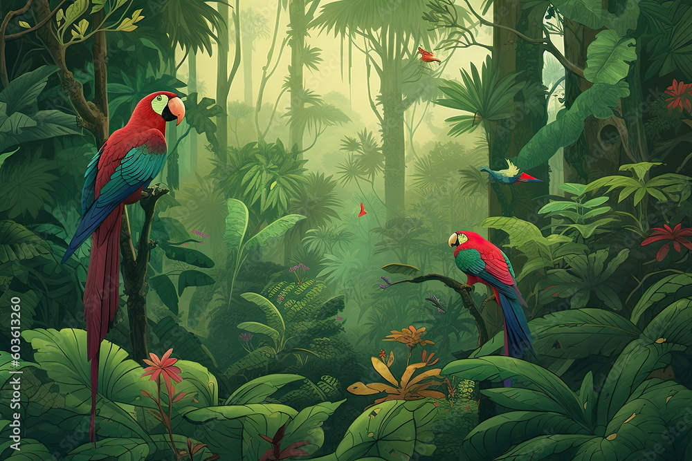 Tropical wallpaper with plants and birds background, forest Stock ...