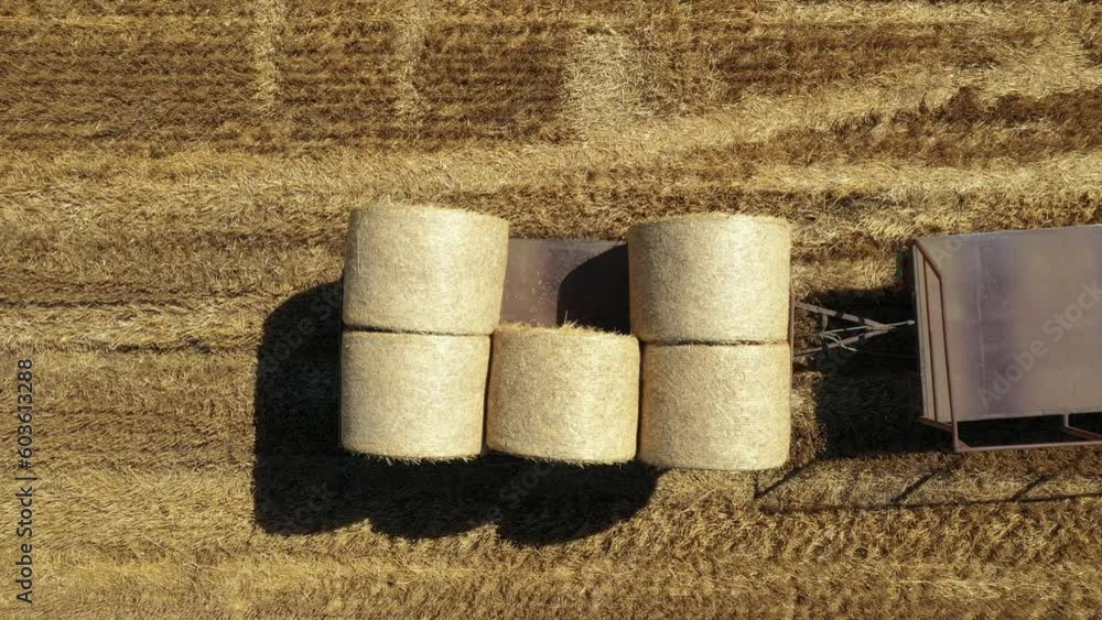 Above top view, dolly move downwards over excavator as loading straw bales on trailer, tow by tractor at farmland, using forklift blade, additional carrier. Above top view, dolly move downwards over excavator as loading straw bales on trailer, tow by tractor at farmland, using forklift blade, additional carrier.