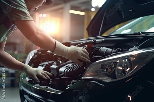 Car mechanic wearing gloves using wrench while working on car, Car auto services and maintenance check concept © waranyu