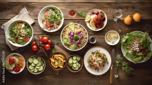 healthy food dishes, on wood background