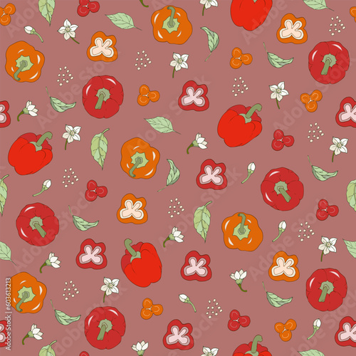 Seamless pattern with red and orang peppers. Handmade vector illustration can be used for templates, wallpaper, textile.