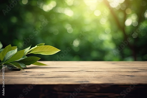 Wooden board empty table with blurred green leaf background