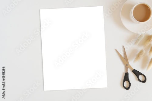 Blank paper sheet mockup for activity sheet, paper craft design presentation, US letter size document, template, flat lay with scissors and cup of coffee.