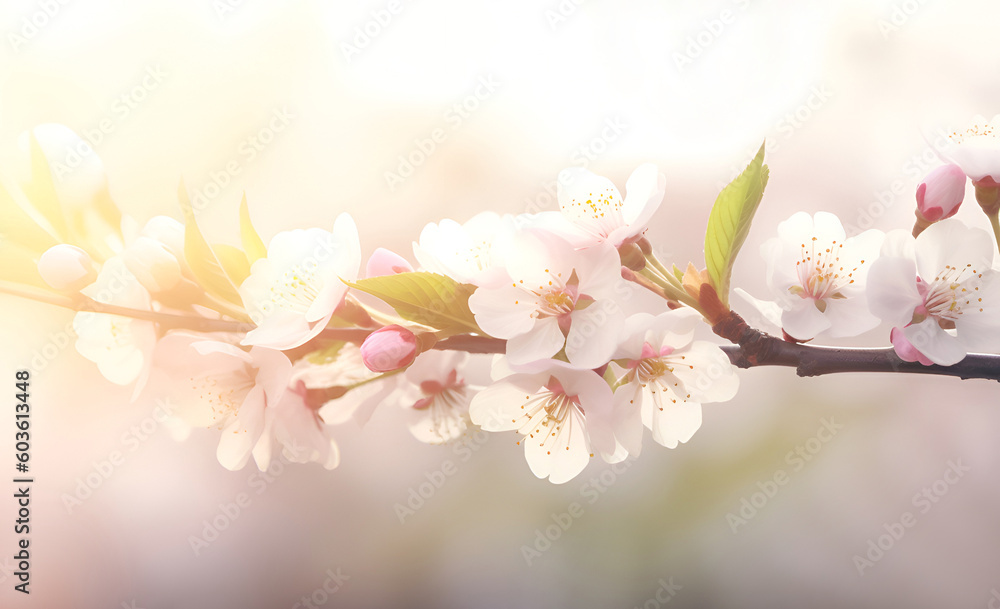 Blossoming branch of an apple tree with green leaves in soft light on a blurred background. Floral banner. Generative AI