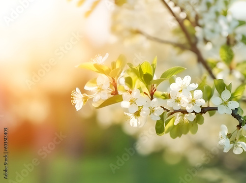 Tree branch of an apple tree with white flowers and green leaves through which the sun shines. Generative AI