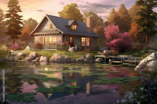 A realistic digital illustration of a quaint cottage