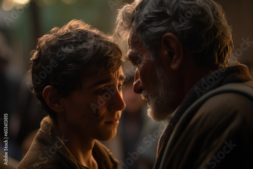 A poignant still capturing the tenderness and forgiveness as the Prodigal Son is welcomed back by his father, tears streaming down their faces, Biblie, bokeh Generative AI