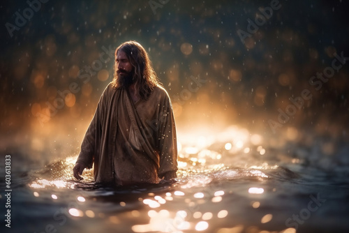 A serene and peaceful image of Jesus walking on water, bokeh Generative AI