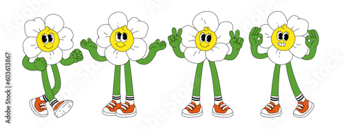 Flower retro funky cartoon characters. Comic mascot of daisy with happy smile face, hands and feet. Groovy summer vector illustration. Fruits flower berries juicy sticker pack.