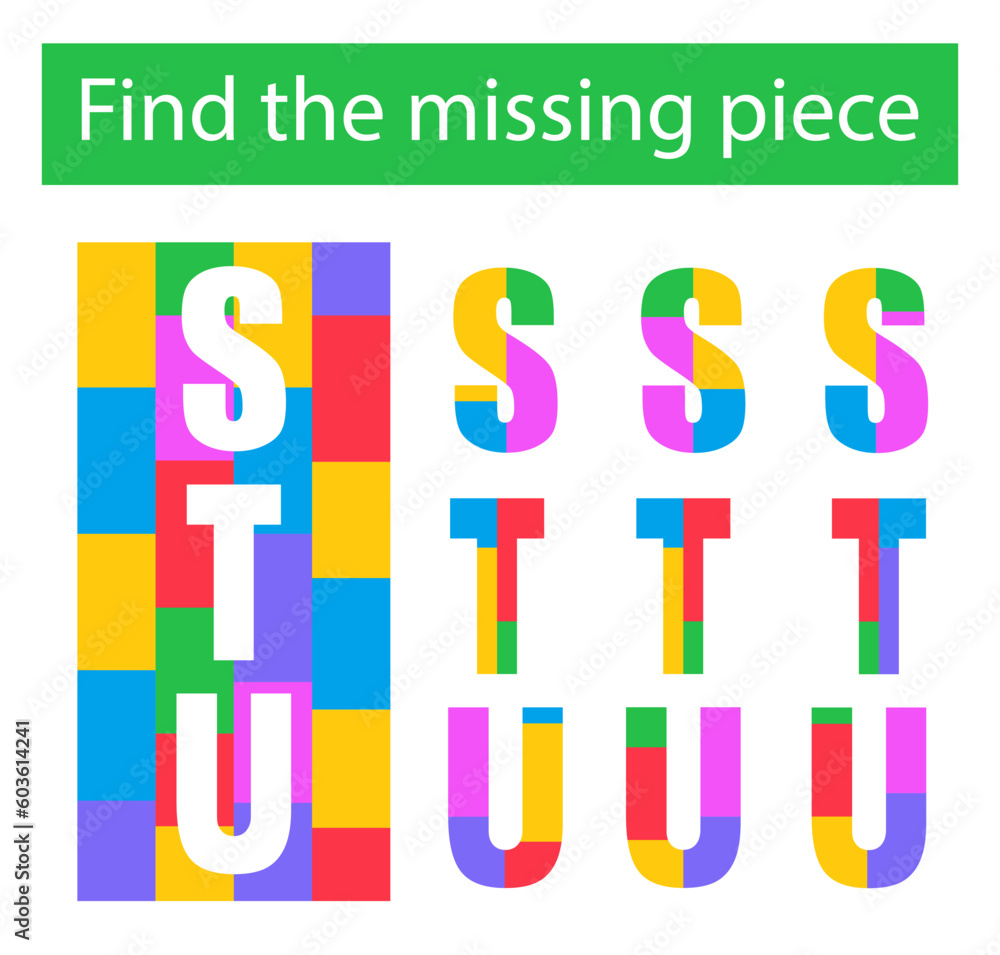 Puzzle game. Task for the development of logic for children. English letters STU. Puzzle game. Task for the development of logic for children. English letters STU.