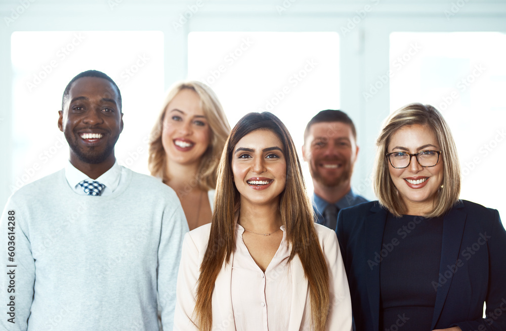 Portrait, smile and teamwork of business people in office workplace with unity, solidarity and synergy. Face, confident group and lawyers standing together for diversity, motivation and collaboration Portrait, smile and teamwork of business people in office workplace with unity, solidarity and synergy. Face, confident group and lawyers standing together for diversity, motivation and collaboration