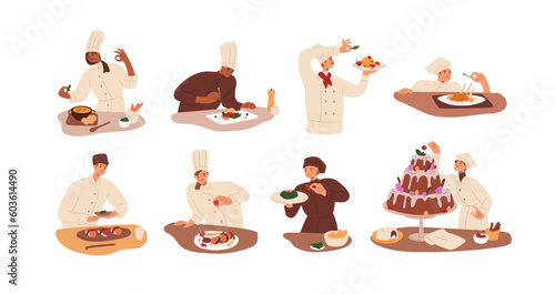 Chef cooks at restaurant kitchen, cooking dishes set. Culinary professionals decorating, adding final touch, finishing meal preparation. Flat graphic vector illustrations isolated on white background