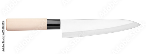 kitchen carving knife with wood handle, cutlery isolated on white background, full depth of field