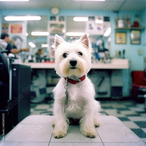 A small dog in a grooming salon gets a haircut. Generative AI photo