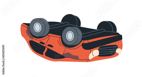 Broken crashed car upside down after road accident. Flipped turned over auto vehicle. Overturned smashed shattered deformed automobile, breakdown. Flat vector illustration isolated on white background