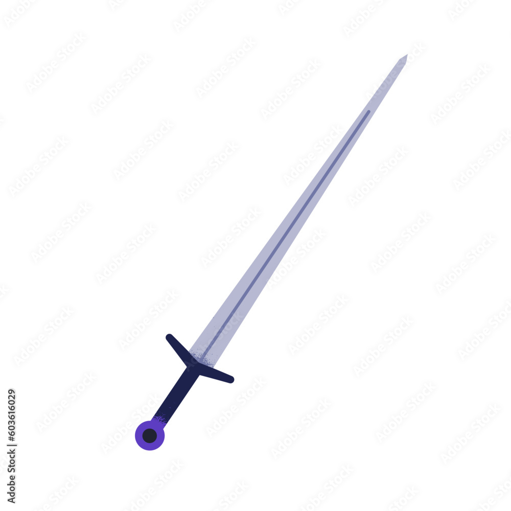 Sword, sharp blade and handle. Old medieval metal steel weapon, long knife, sabre. Ancient military knights armor, longsword. Flat vector illustration isolated on white background Sword, sharp blade and handle. Old medieval metal steel weapon, long knife, sabre. Ancient military knights armor, longsword. Flat vector illustration isolated on white background