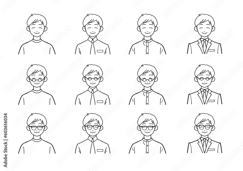 にっこり男性のバストアップイラスト メガネありなしセット(線のみ) にっこり男性のバストアップイラスト メガネありなしセット(線のみ)