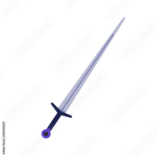Sword, sharp blade and handle. Old medieval metal steel weapon, long knife, sabre. Ancient military knights armor, longsword. Flat vector illustration isolated on white background