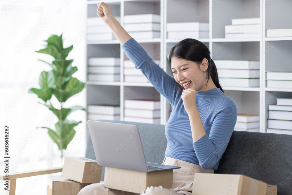 Asian business woman on sofa using a laptop computer checking customer order online shipping boxes at home. Starting SME Small business entrepreneur freelance. Online business, SME Work home concept. Asian business woman on sofa using a laptop computer checking customer order online shipping boxes at home. Starting SME Small business entrepreneur freelance. Online business, SME Work home concept.