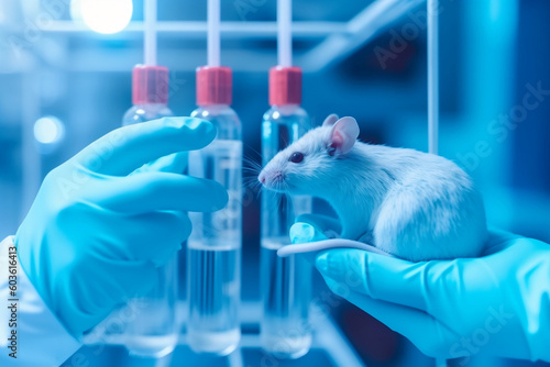 Hand of scientist feeding a small mouse in cage for experiment in laboratory, created with Generative AI Technology