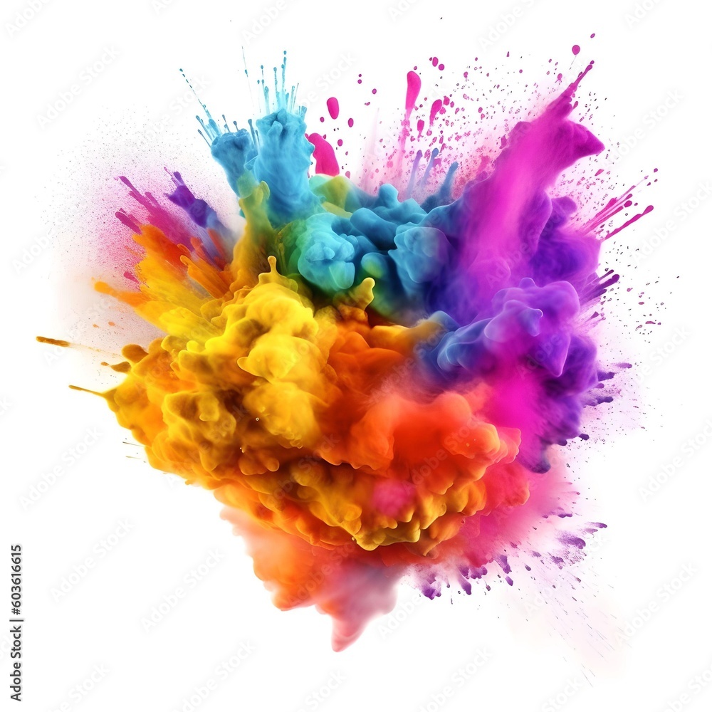 An explosion of colored powder, isolated on a white background. Generative AI. An explosion of colored powder, isolated on a white background. Generative AI.