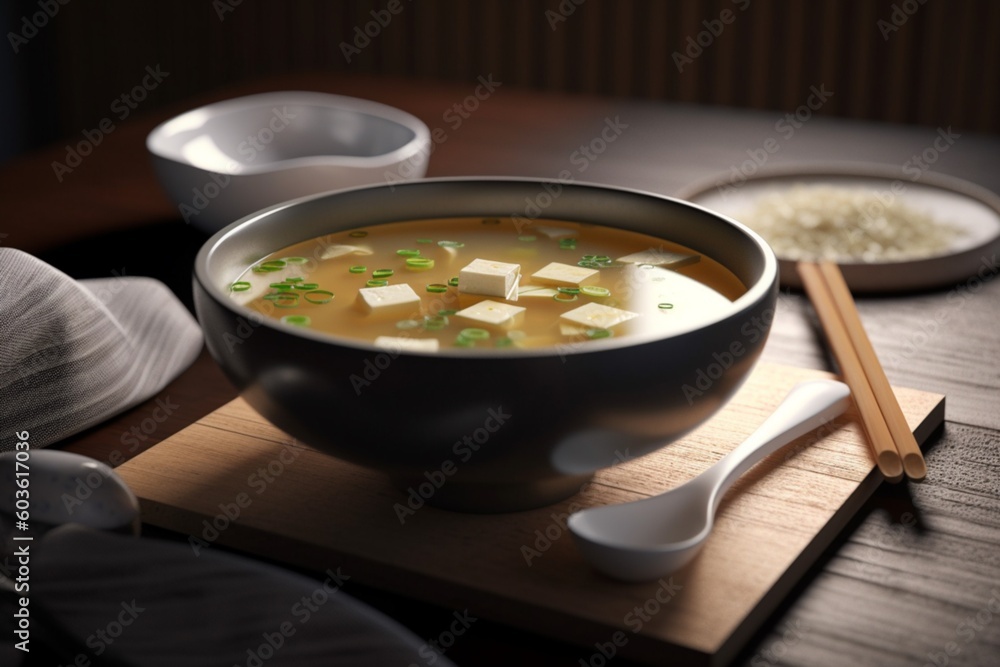 Japanese traditional miso soup with tofu on a wooden table. AI generated