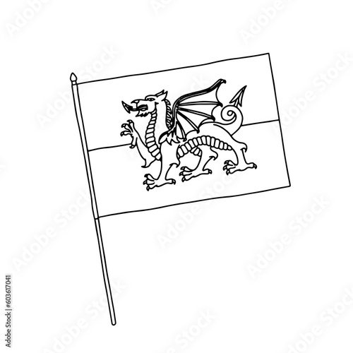 Wales flag vector, outline illustration. Vector black and white hand drawn flag.