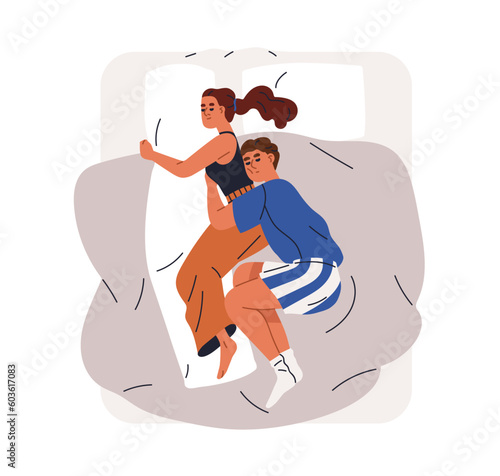 Love couple sleeping together, embracing, lying in bed, top view. Cute man an...