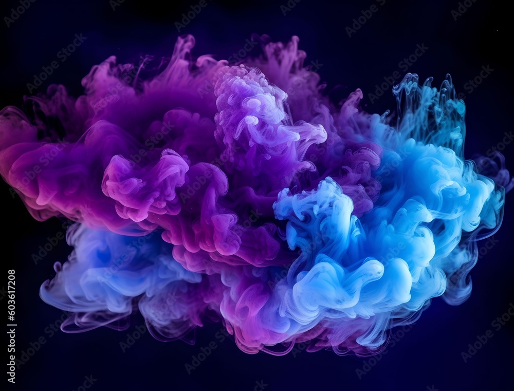 Neon blue and purple multicolored smoke puff cloud design elements on a dark background