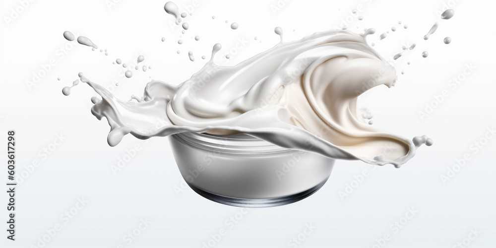 Water brightening moisturizer cream in cosmetic box floating in the air. Beauty lotion fluttering explosion in air, splash explosion droplet. Isolated background. AI Generative Water brightening moisturizer cream in cosmetic box floating in the air. Beauty lotion fluttering explosion in air, splash explosion droplet. Isolated background. AI Generative
